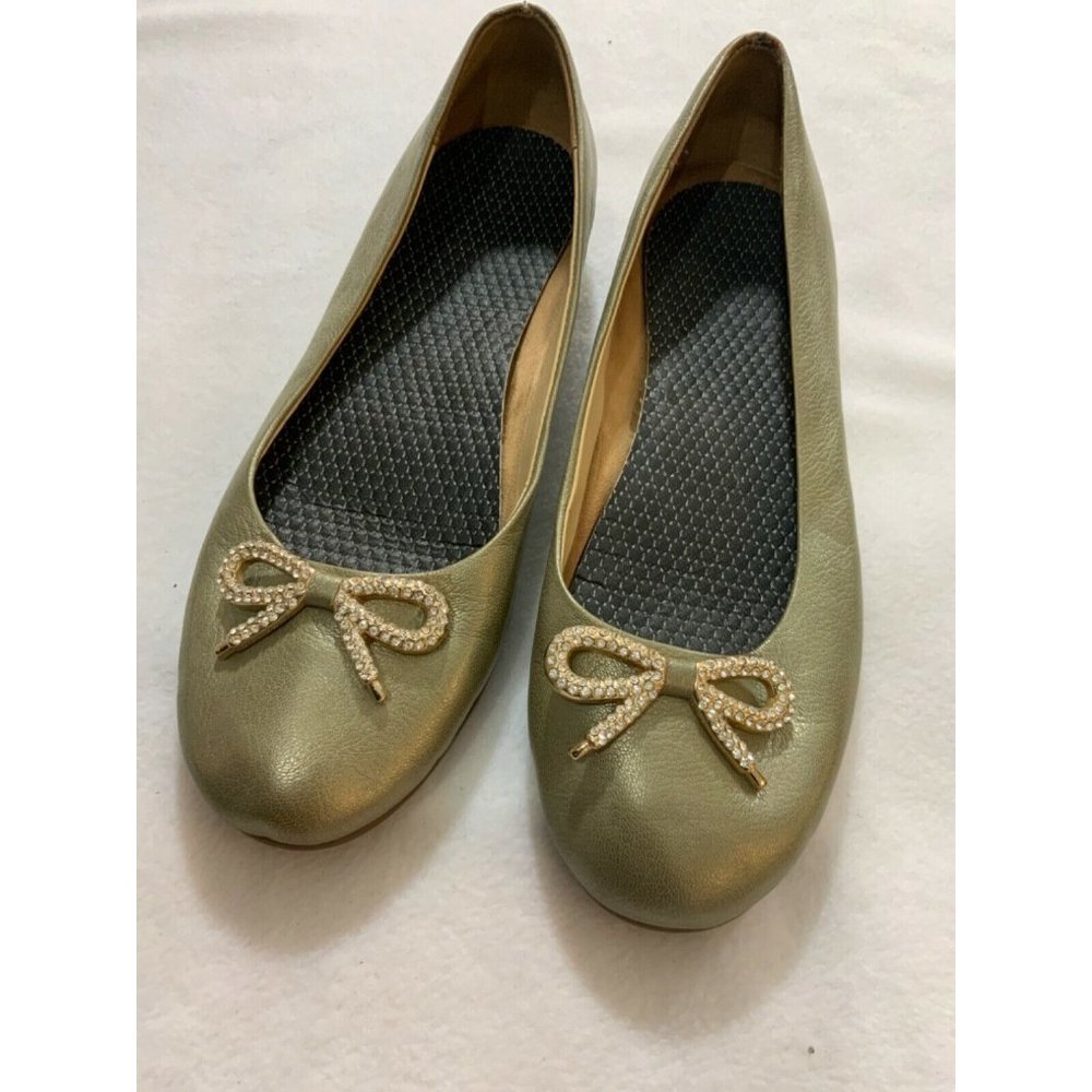 AEROSOLES GOLD TONE BOW BLING BALLET FLATS SZ 11M